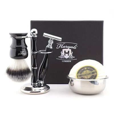 Kit de afeitado Haryali's Glory Range - Negro - Punta de plata sintética - Maquinilla de afeitar de seguridad de doble filo