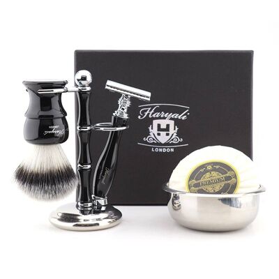 Kit da barba Haryali's Glory Range - Nero - Punta argentata sintetica - Rasoio di sicurezza a doppio bordo