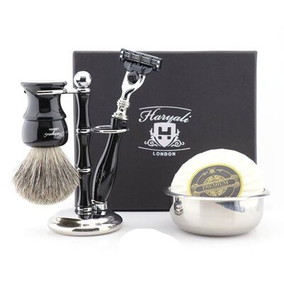 Kit de afeitado Haryali's Glory Range - Negro - Super Badger - Maquinilla de afeitar de 3 filos