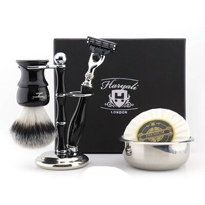 Kit de afeitado Haryali's Glory Range - Negro - Punta de plata sintética - Maquinilla de afeitar de 3 filos