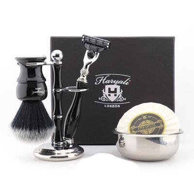 Kit de afeitado Haryali's Glory Range - Negro - Negro sintético - Maquinilla de afeitar de 3 filos