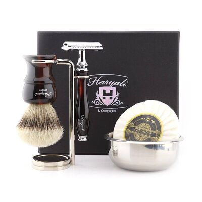 Kit de afeitado de la gama Glory de Haryali, rojo y negro, tejón de punta plateada, maquinilla de afeitar de seguridad de doble filo