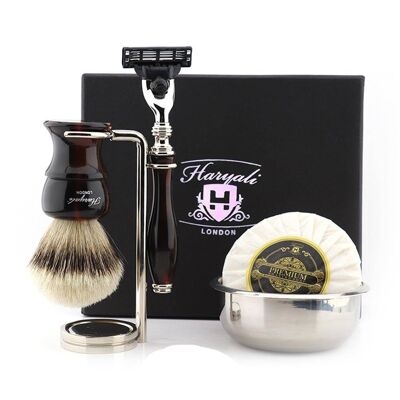 Haryali's Glory Range Shaving Kit - Red & Black - Silver Tip Badger - 3 Edge Razor