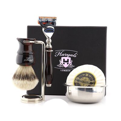 Haryali's Glory Range Shaving Kit - Red & Black - Silver Tip Badger - 5 Edge Razor