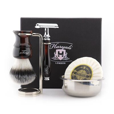 Kit de afeitado Haryali's Glory Range - Rojo y negro - Punta de plata sintética - Maquinilla de afeitar de seguridad de doble filo