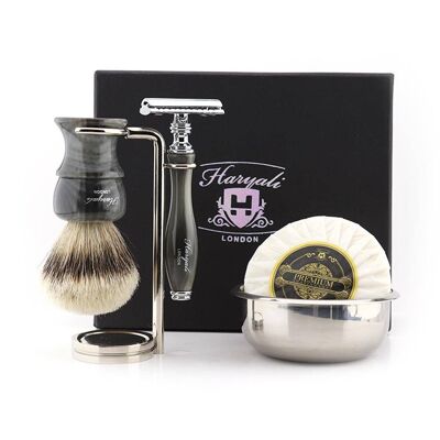 Kit da barba Haryali's Glory Range - Grigio - Tasso con punta argentata - Rasoio di sicurezza a doppio bordo