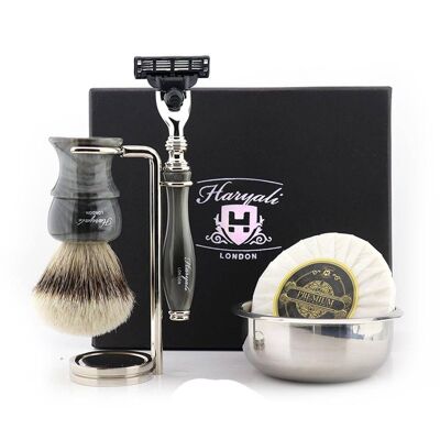 Kit de afeitado Haryali's Glory Range - Gris - Silver Tip Badger - Maquinilla de afeitar de 3 filos