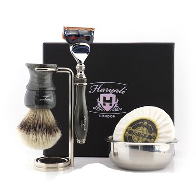 Kit de afeitado Haryali's Glory Range - Gris - Silver Tip Badger - Maquinilla de afeitar de 5 filos