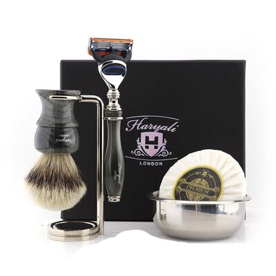 Kit da barba Haryali's Glory Range - Grigio - Tasso con punta argentata - Rasoio a 5 bordi