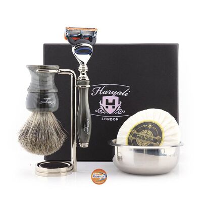 Kit de afeitado Haryali's Glory Range - Gris - Super Badger - Maquinilla de afeitar de 5 filos