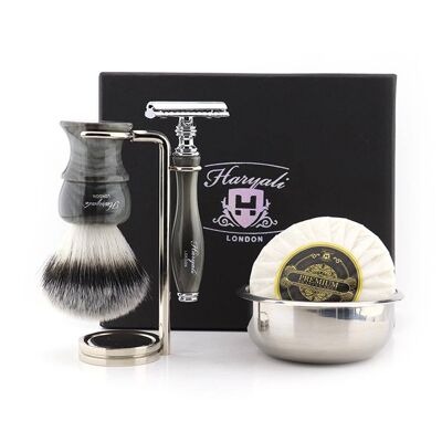 Kit de afeitado Haryali's Glory Range - Gris - Punta de plata sintética - Maquinilla de afeitar de seguridad de doble filo