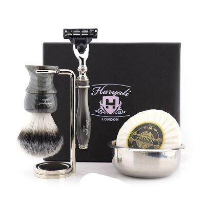 Haryali's Glory Range Shaving Kit - Grey - Synthetic Silver Tip - 3 Edge Razor