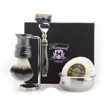 Kit de afeitado Haryali's Glory Range - Gris - Punta de plata sintética - Maquinilla de afeitar de 5 filos