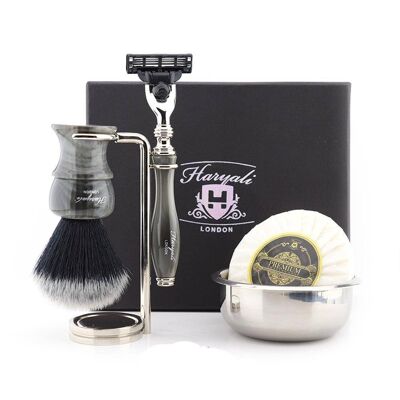 Kit de afeitado Haryali's Glory Range - Gris - Negro sintético - Maquinilla de afeitar de 3 filos