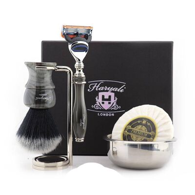 Kit de afeitado Haryali's Glory Range - Gris - Negro sintético - Maquinilla de afeitar de 5 filos