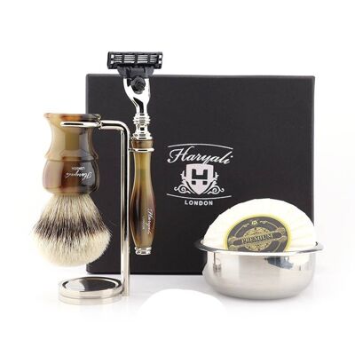 Kit da barba Haryali's Glory Range - Marrone - Tasso con punta argentata - Rasoio a 3 bordi