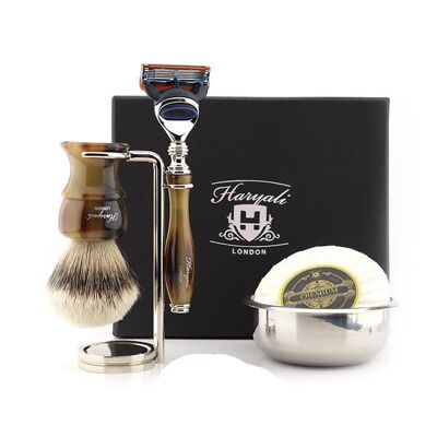 Kit de afeitado Haryali's Glory Range - Marrón - Silver Tip Badger - Maquinilla de afeitar de 5 filos