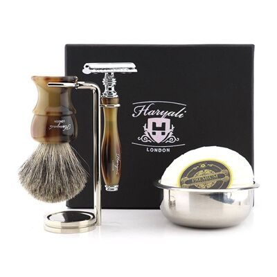 Kit da barba Haryali's Glory Range - Marrone - Super Badger - Rasoio di sicurezza Double Edge