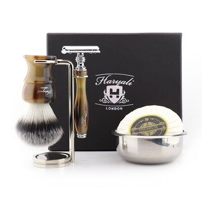 Kit de afeitado Haryali's Glory Range - Marrón - Punta de plata sintética - Maquinilla de afeitar de seguridad de doble filo
