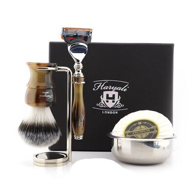 Kit de afeitado Haryali's Glory Range - Marrón - Punta de plata sintética - Maquinilla de afeitar de 5 filos