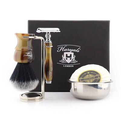 Kit de afeitado Haryali's Glory Range - Marrón - Negro sintético - Maquinilla de afeitar de seguridad de doble filo
