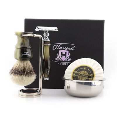 Kit de afeitado Haryali's Glory Range - Verde - Tejón de punta plateada - Maquinilla de afeitar de seguridad de doble filo