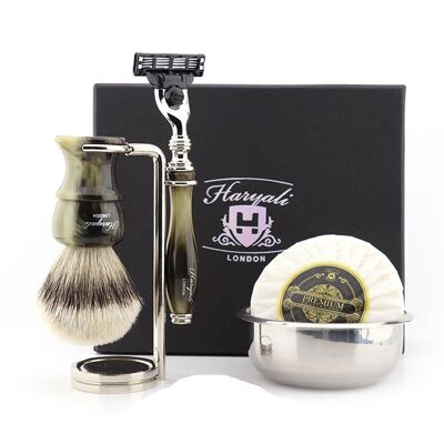 Kit da barba Haryali's Glory Range - Verde - Tasso con punta argentata - Rasoio a 3 bordi