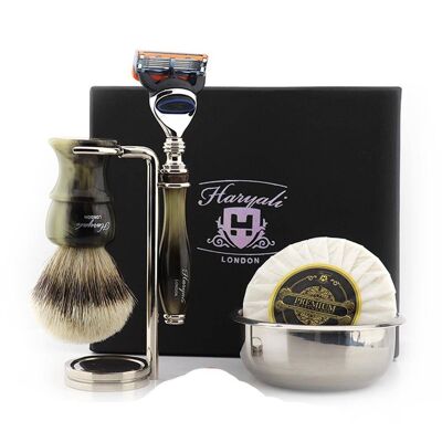 Kit da barba Haryali's Glory Range - Verde - Tasso con punta argentata - Rasoio a 5 bordi