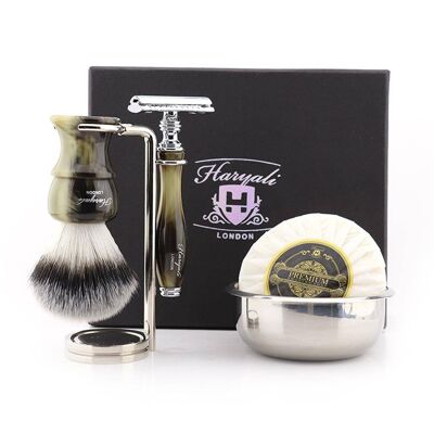 Kit de afeitado Haryali's Glory Range - Verde - Punta de plata sintética - Maquinilla de afeitar de seguridad de doble filo