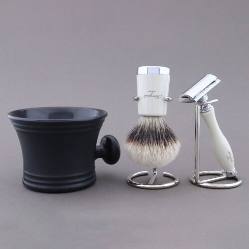 Haryali's Super Taper Shaving Kit - Ivory - Silver Tip Badger - Double Edge Safety Razor