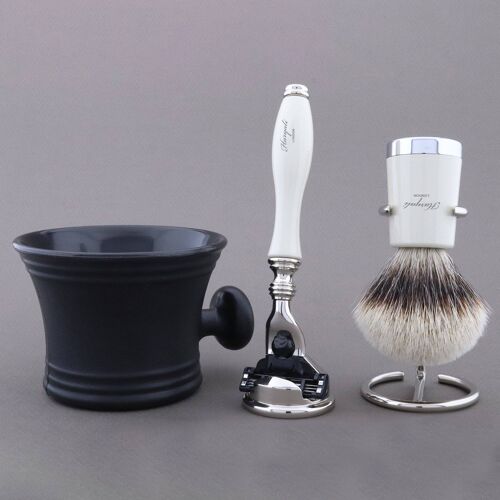 Haryali's Super Taper Shaving Kit - Ivory - Silver Tip Badger - 3 Edge Razor