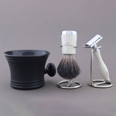 Kit da barba Super Taper di Haryali - Avorio - Nero sintetico - Rasoio di sicurezza Double Edge