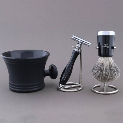 Kit da barba Super Taper di Haryali - Nero - Super Badger - Rasoio di sicurezza Double Edge