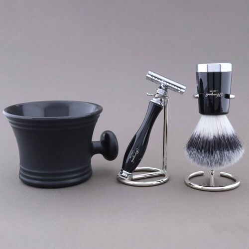 Haryali's Super Taper Shaving Kit - Black - Synthetic Silver Tip - Double Edge Safety Razor