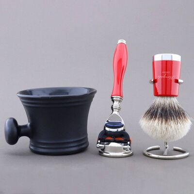 Kit de rasage Super Taper de Haryali - Rouge - Blaireau à pointe argentée - Rasoir à 5 bords