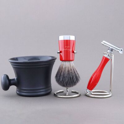 Kit da barba Super Taper di Haryali - Rosso - Nero sintetico - Rasoio di sicurezza Double Edge