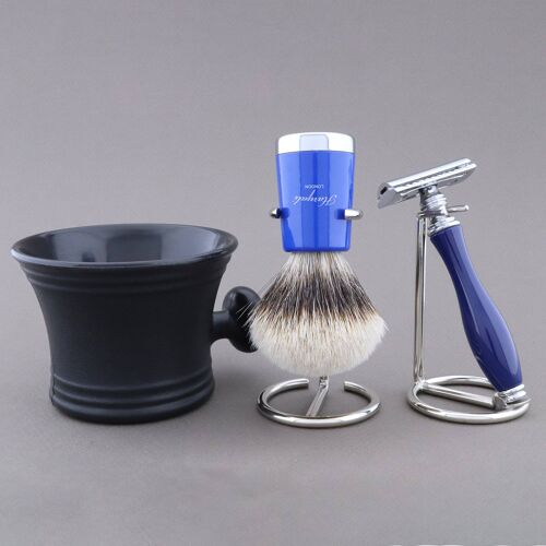 Haryali's Super Taper Shaving Kit - Blue - Silver Tip Badger - Double Edge Safety Razor