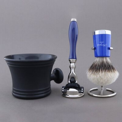 Kit de afeitado Super Taper de Haryali - Azul - Tejón de punta plateada - Maquinilla de afeitar de 3 filos