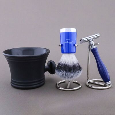 Kit de afeitado Super Taper de Haryali - Azul - Punta de plata sintética - Maquinilla de afeitar de seguridad de doble filo