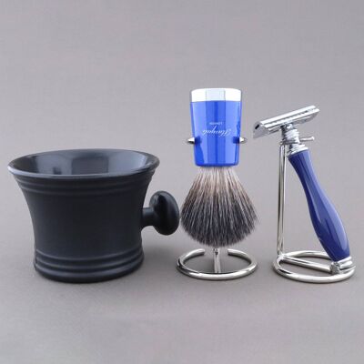 Kit da barba Super Taper di Haryali - Blu - Nero sintetico - Rasoio di sicurezza Double Edge