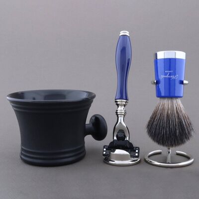 Kit de afeitado Super Taper de Haryali - Azul - Negro sintético - Maquinilla de afeitar de 3 filos
