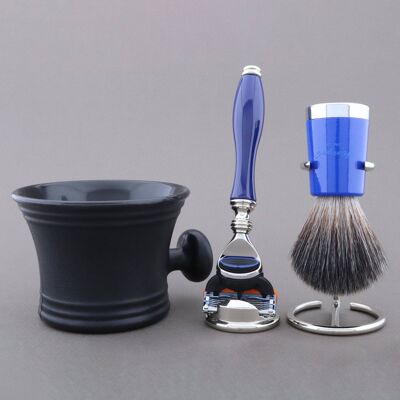 Kit de rasage Super Taper de Haryali - Bleu - Noir synthétique - Rasoir à 5 bords