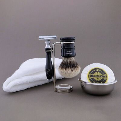 Kit da barba Haryali's Legend Range - Nero - Silver Tip Badger - Rasoio di sicurezza Double Edge