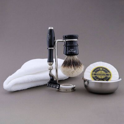 Haryali's Legend Range Shaving Kit - Black - Silver Tip Badger - 3 Edge Razor