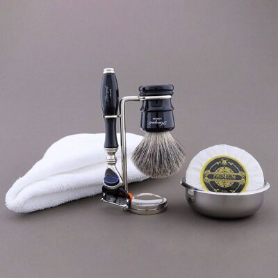 Kit da barba Haryali's Legend Range - Nero - Super Badger - Rasoio a 5 bordi