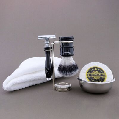 Kit da barba Haryali's Legend Range - Nero - Punta argentata sintetica - Rasoio di sicurezza Double Edge