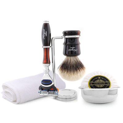 Haryali's Legend Range Shaving Kit - Red & Black - Silver Tip Badger - 5 Edge Razor