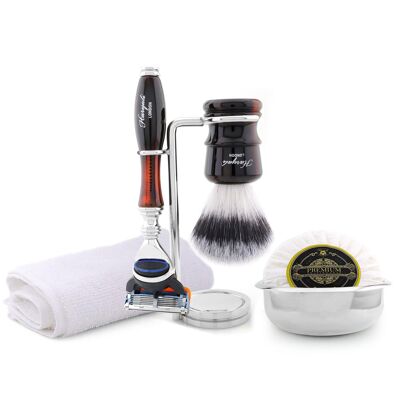 Kit da barba Haryali's Legend Range - Rosso e nero - Punta argentata sintetica - Rasoio a 5 bordi