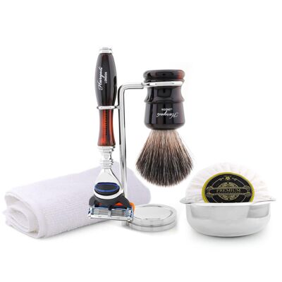 Kit de afeitado Legend Range de Haryali - Rojo y negro - Negro sintético - Maquinilla de afeitar de 5 filos