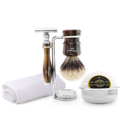 Kit da barba Haryali's Legend Range - Marrone - Tasso con punta argentata - Rasoio di sicurezza a doppio bordo